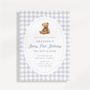 Gingham Teddy Bear Beary First Birthday Invitation