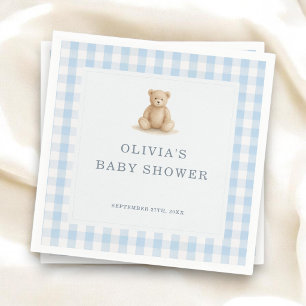 Gingham Teddy Bear Blue Boy Baby Shower Party Napkins