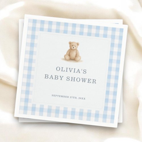 Gingham Teddy Bear Blue Boy Baby Shower Party Napkins