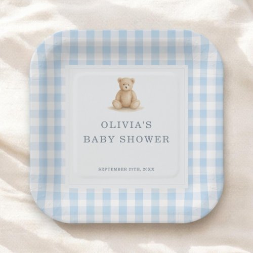 Gingham Teddy Bear Blue Boy Baby Shower Party Paper Plates