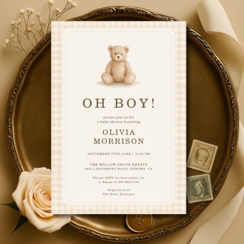 Gingham Teddy Bear Oh Boy Neutral Baby Shower Invitation