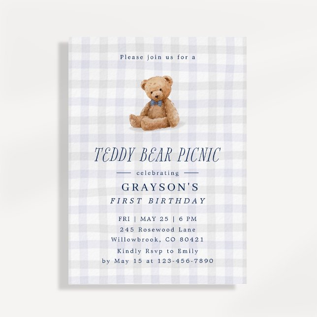 Gingham Teddy Bear Picnic First Birthday  Invitation (Creator Uploaded)