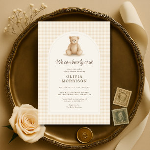 Gingham Teddy Bear We Can Bearly Wait Invitation