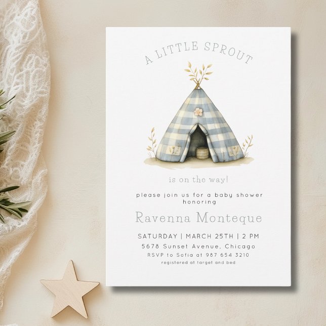 Gingham Tent Little Sprout Clean Baby Shower  Invitation (Creator Uploaded)