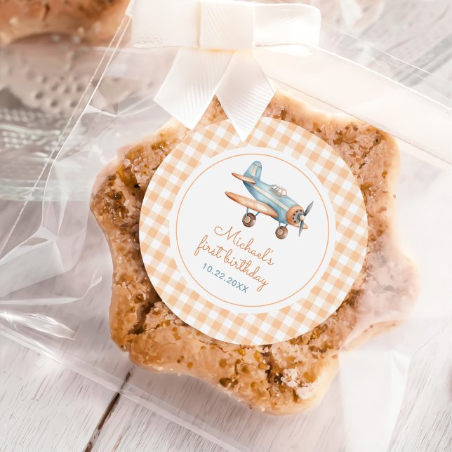 Gingham Time Flies Airplane First Birthday Classic Round Sticker (Creator Uploaded)