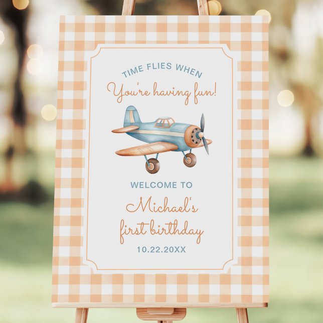 Gingham Time Flies Airplane First Birthday Foam Board (Creator Uploaded)