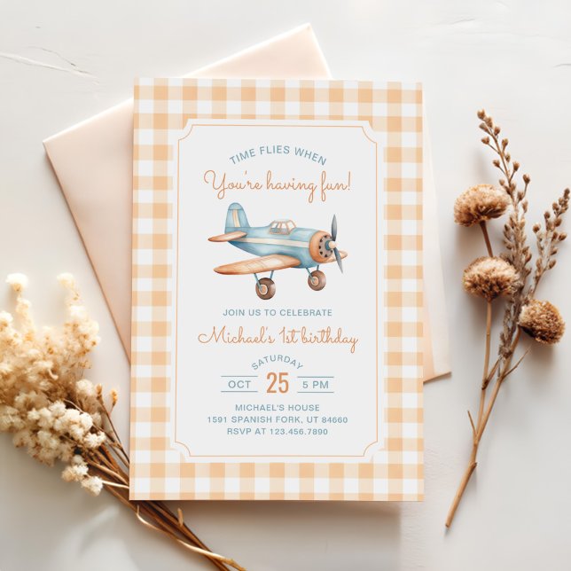 Gingham Time Flies Airplane First Birthday Invitation (Creator Uploaded)