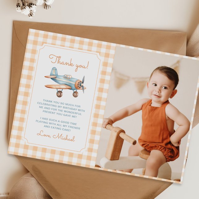 Gingham Time Flies Airplane First Birthday Photo Thank You Card (Creator Uploaded)