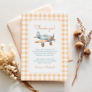 Gingham Time Flies Airplane First Birthday Thank You Card