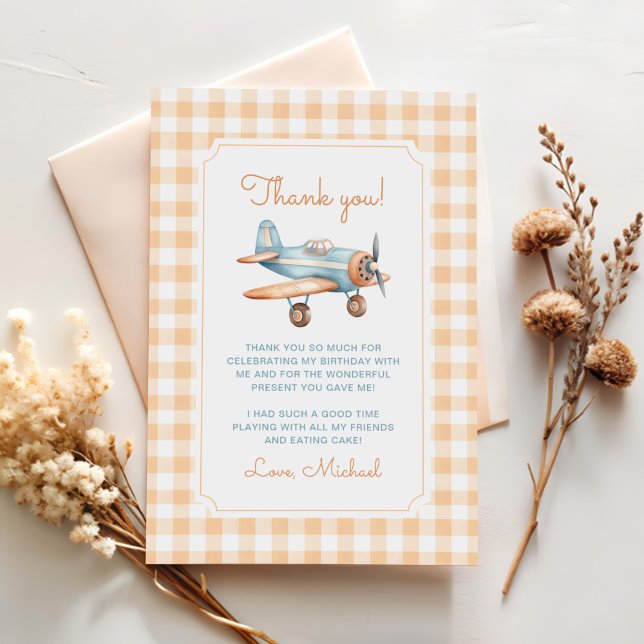 Gingham Time Flies Airplane First Birthday Thank You Card (Creator Uploaded)
