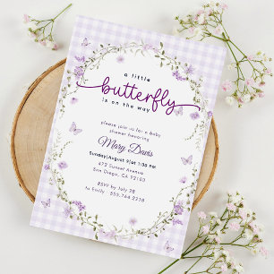 Gingham Watercolor Lavender Butterfly Baby Shower Invitation