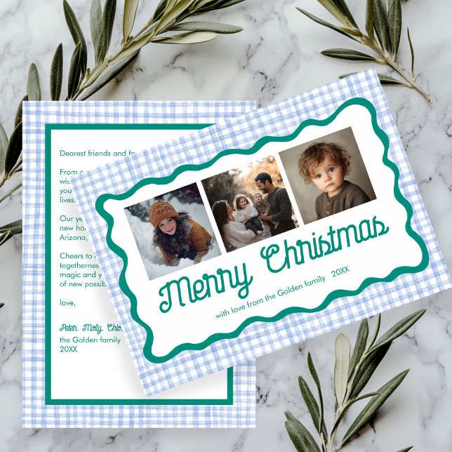 Gingham Wavy Blue Green Christmas Custom 3 Photo  Holiday Card (Gingham Wavy Blue Green Christmas Custom 3 Photo Holiday Card
)