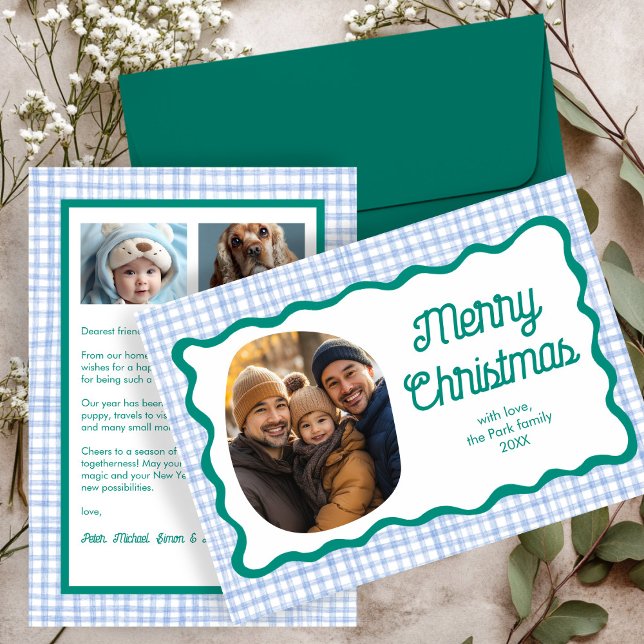 Gingham Wavy Blue Green Christmas Custom 3 Photo  Holiday Card (Gingham Wavy Blue Green Christmas Custom 3 Photo Holiday Card
)