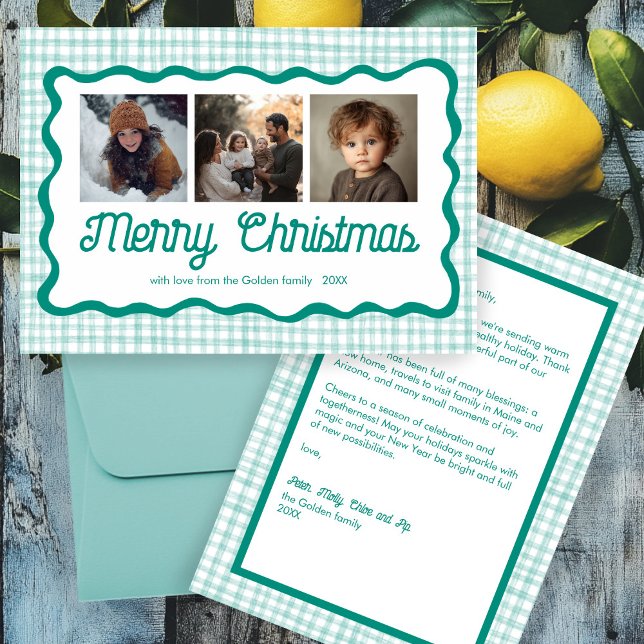 Gingham Wavy Green Christmas Custom 3 Photo  Holiday Card (Gingham Wavy Green Christmas Custom 3 Photo Holiday Card
)