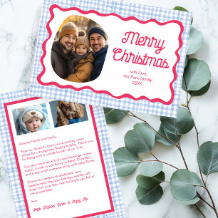 Gingham Wavy Pink Blue Christmas Custom 3 Photo  Holiday Card