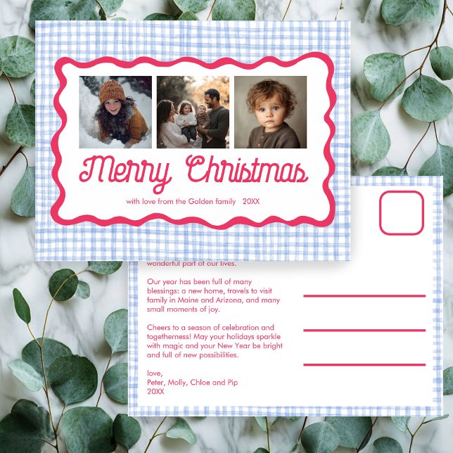 Gingham Wavy Pink Blue Christmas Custom 3 Photo  Holiday Postcard (Gingham Wavy Pink Blue Preppy Cute Chic Christmas Custom 3 Photo Holiday Postcard
)