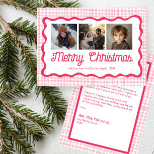Gingham Wavy Pink Christmas Custom 3 Photo  Holiday Card
