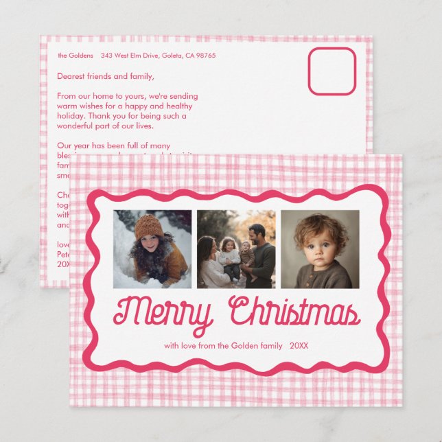 Gingham Wavy Pink Christmas Custom 3 Photo  Holiday Postcard (Front/Back)