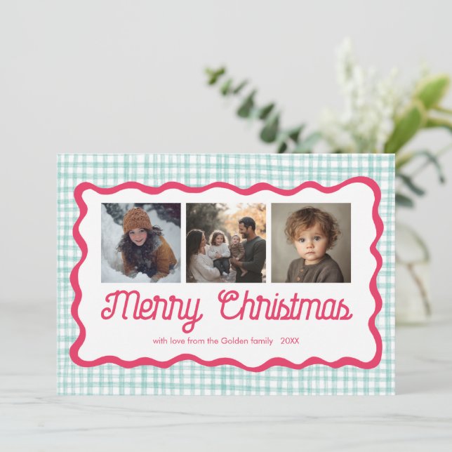Gingham Wavy Pink Green Christmas Custom 3 Photo  Holiday Card (Standing Front)