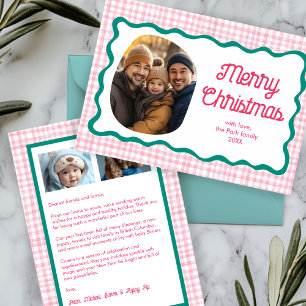 Gingham Wavy Pink Green Christmas Custom 3 Photo  Holiday Card