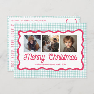 Gingham Wavy Pink Green Christmas Custom 3 Photo Holiday Postcard