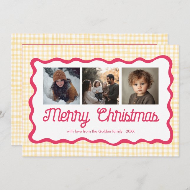 Gingham Wavy Pink Yellow Christmas Custom 3 Photo  Holiday Card (Front/Back)