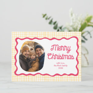 Gingham Wavy Pink Yellow Christmas Custom 3 Photo Holiday Card