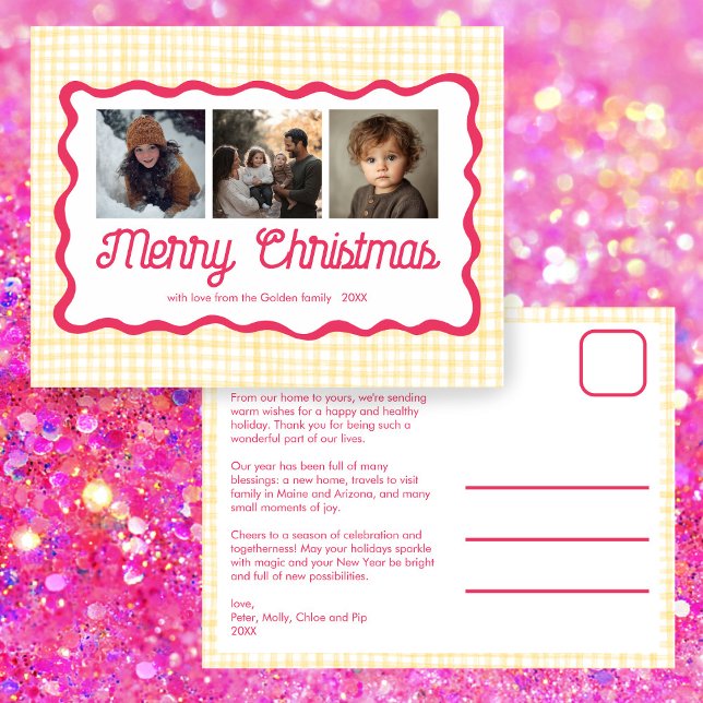 Gingham Wavy Pink Yellow Christmas Custom 3 Photo  Holiday Postcard (Gingham Wavy Pink Yellow Christmas Custom 3 Photo Collage Cute Chic Preppy Holiday Postcard
)
