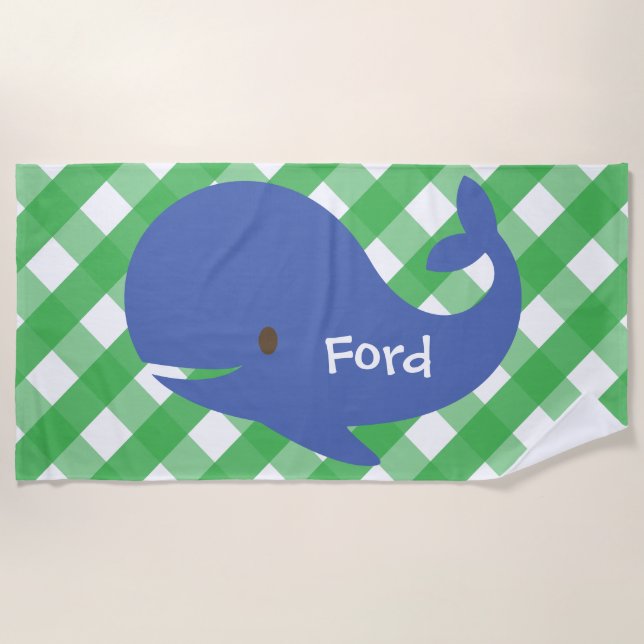 Gingham Whale Personalized Beach Towel (Front)