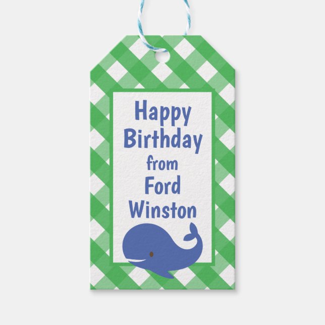 Gingham Whale Personalized Gift Tag (Front)
