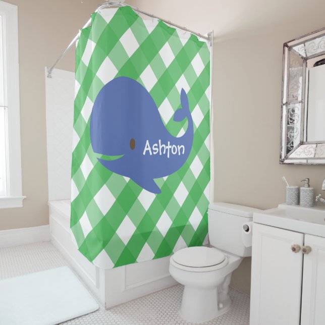 Gingham Whale Personalized Shower Curtain (In Situ)