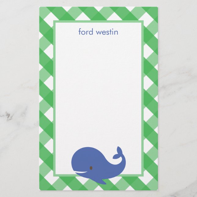 Gingham Whale Personalized Stationery (Front)
