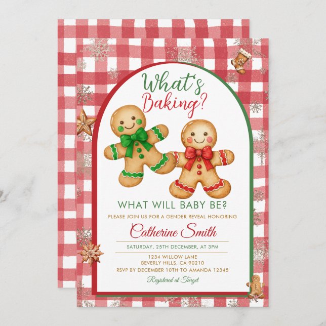 Gingham What's Baking Gingerbread Gender Reveal Invitation (Front/Back)