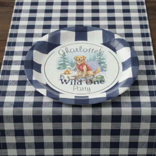 Gingham Wild One Golden Retriever 1st Birthday Paper Plates