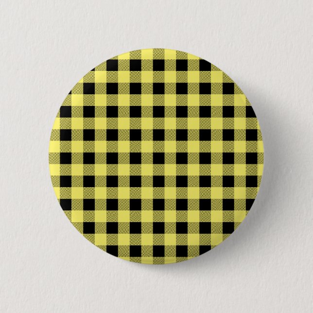 Gingham Yellow and Black Pinback Button (Front)