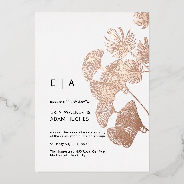 Gingko Leaf Real Rose Gold Wedding Foil Invitation (Front)