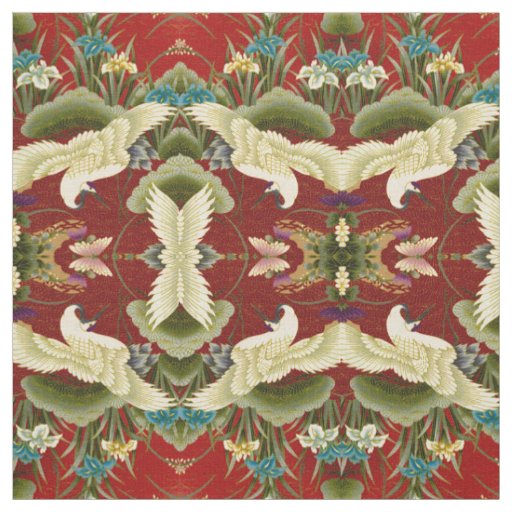 Gingko Leaves & Cranes Red Fabric