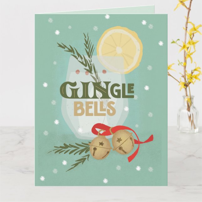 GINgle Bells Folded Holiday Greeting Card (Yellow Flower)