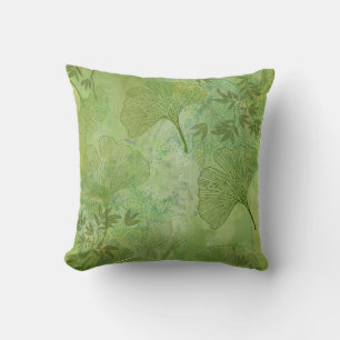 Ginkgo and Bamboo Leaves Pattern in Green Throw Pillow
