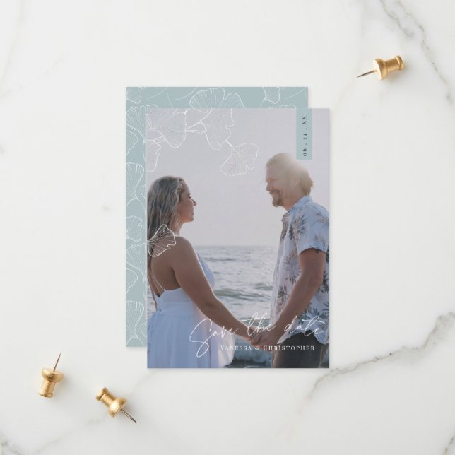 Ginkgo Biloba Whimsical Flat Save The Date Card (Front/Back In Situ)