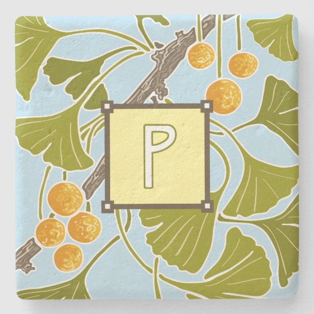 Ginkgo Dance Monogram Letter P Stone Coaster (Front)