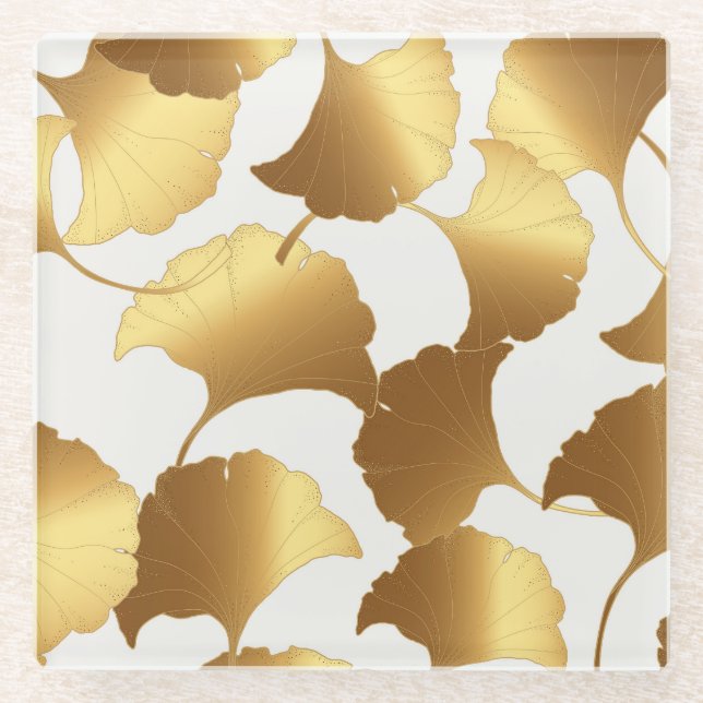 Ginkgo Gold: Luxury Vintage Design. Glass Coaster (Front)