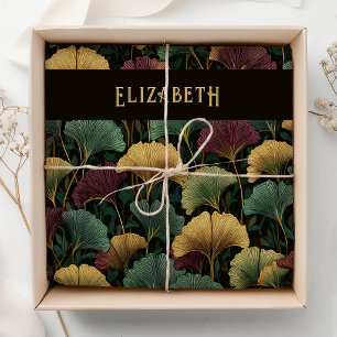 Ginkgo Leaf Pattern Monogram Name Teal Burgundy Tissue Paper