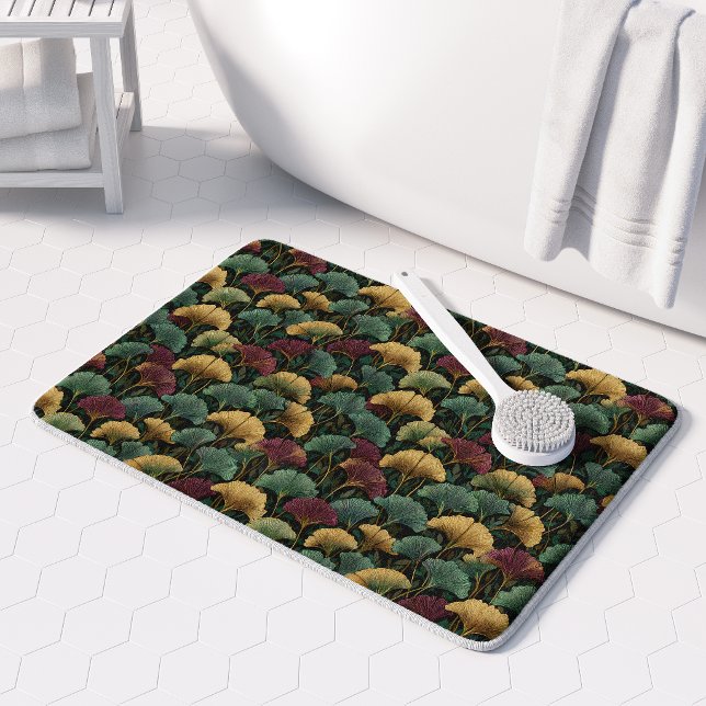 Ginkgo Leaf Pattern Teal Burgundy Bath Mat (Creator Uploaded)