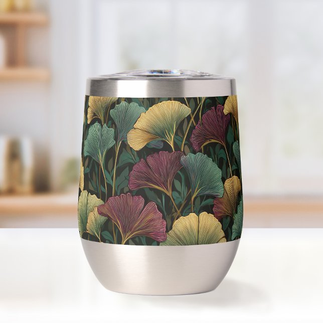 Ginkgo Leaf Pattern Teal Burgundy Thermal Wine Tumbler (Creator Uploaded)