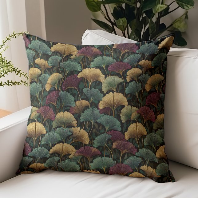 Ginkgo Leaf Pattern Teal Burgundy Throw Pillow (Creator Uploaded)