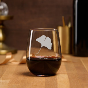 Ginkgo Leaf with Names and Date Etched Stemless Wine Glass
