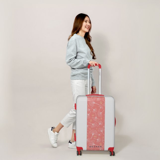 Ginkgo Leaves Coral And White Monogram Luggage (Scale)