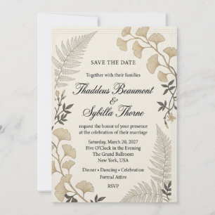 Ginkgo Leaves, Fern Fronds, Minimalist Line Border Invitation