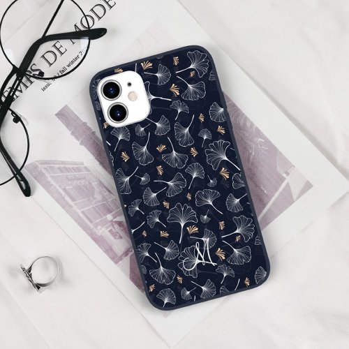 Ginkgo Leaves Navy Blue And White Monogram iPhone XS Case